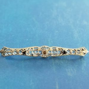 Vintage Art Deco filigree bar pin brooch blue gem silver tone antique